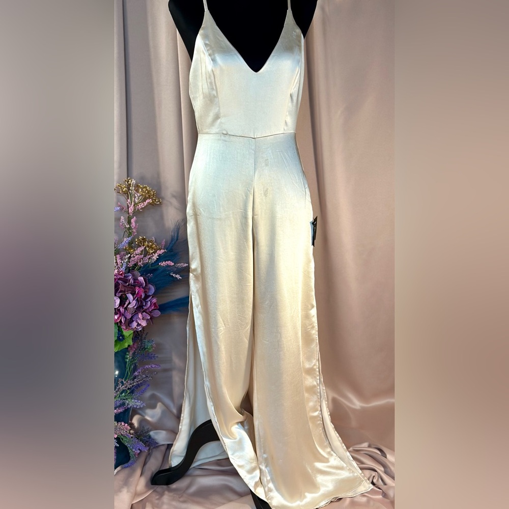 Lulus You're My Favorite Champagne Satin Slit Leg Jumpsuit - Picture 4 of 16